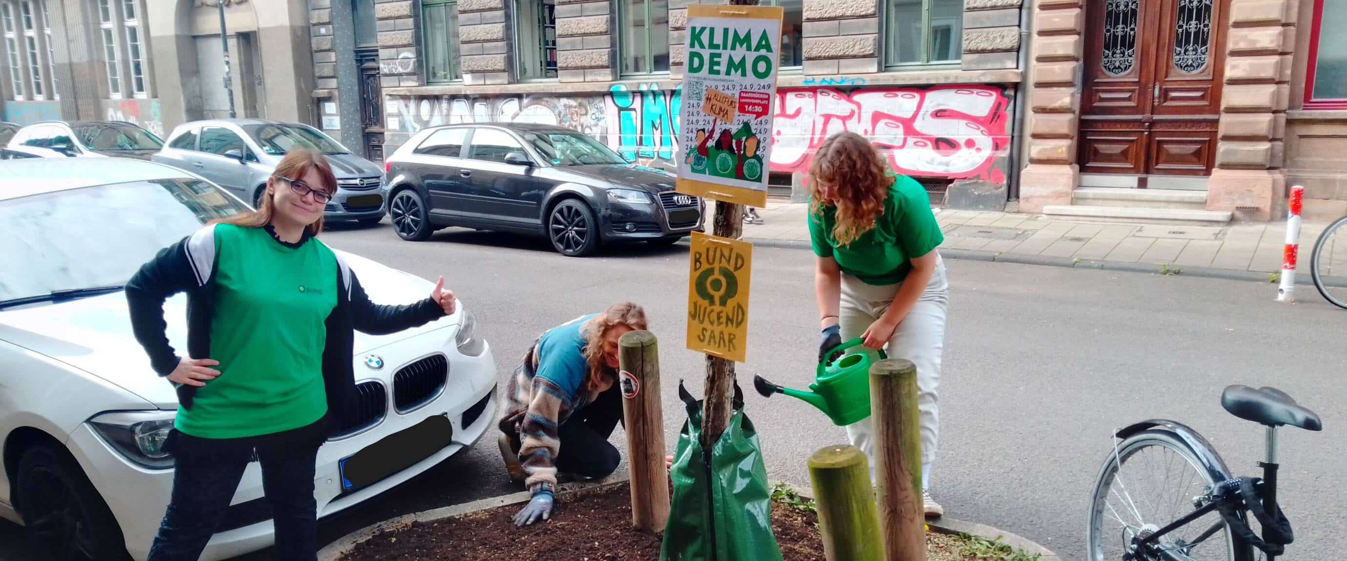 Menschen pflanzen Bäume vor Klimademo-Plakat auf der Straße.